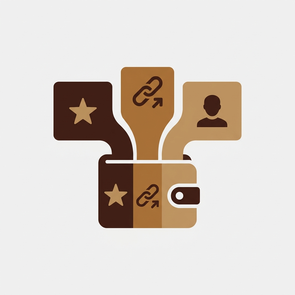 three separate reward and loyalty program cards merging into one unified customer wallet card with a points star, referral link, and account icon, consolidation concept