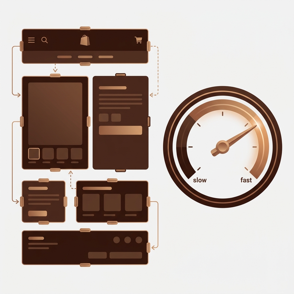modular drag-and-drop page-building blocks assembling into a Shopify online store product page layout, beside a simple speed gauge dial indicating fast page loading