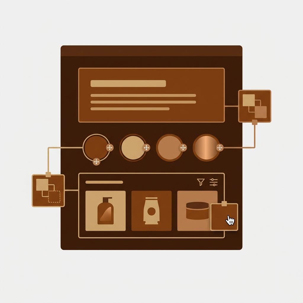 a drag-and-drop page builder canvas assembling a product page that shows color variant swatches and a filtered product image gallery, blocks and swatch circles