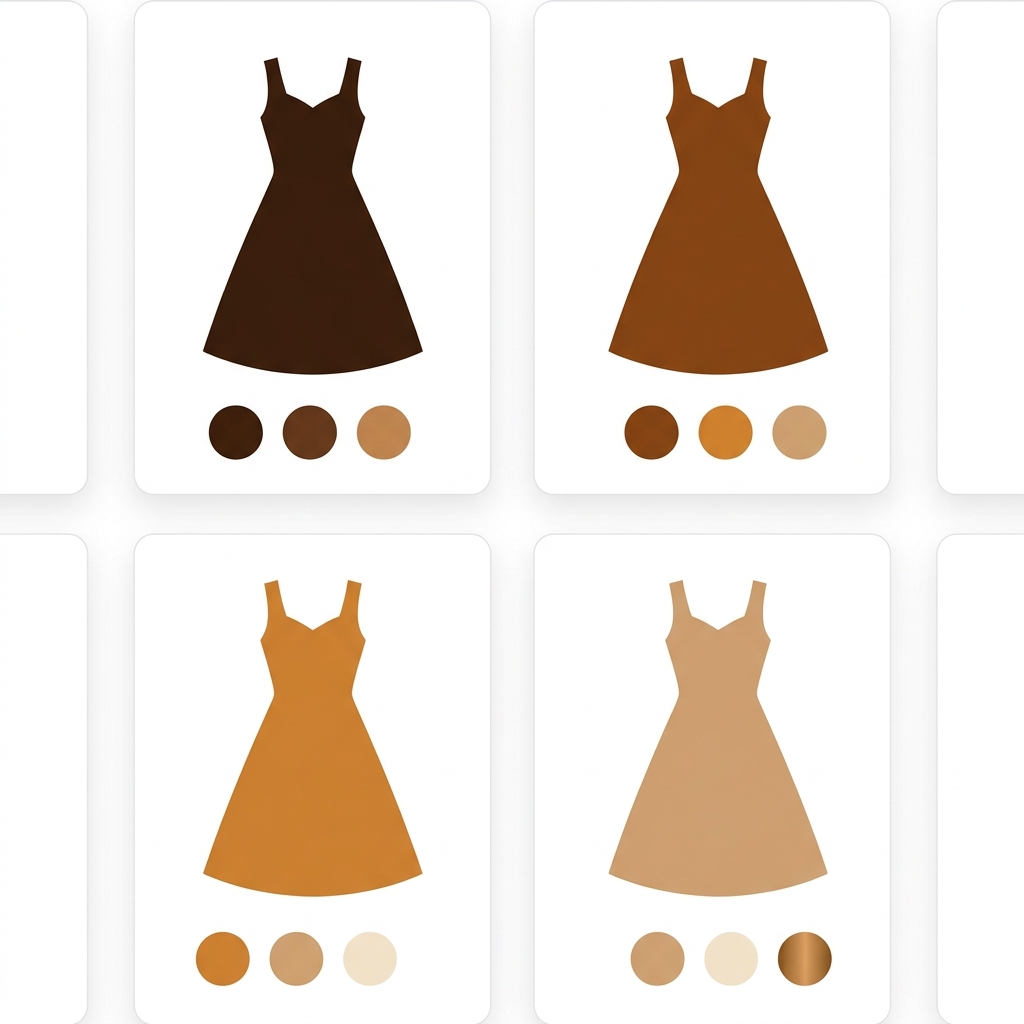 a 2x2 grid of four large white product cards completely covering the square canvas with the outer card edges cropped off by the canvas borders, zero background visible, each card holding a big dress silhouette in a clearly different shade (very dark chocolate, saddle brown, warm amber, light tan) with three round swatch dots beneath it, tight grid, cards touching each other and all four canvas edges