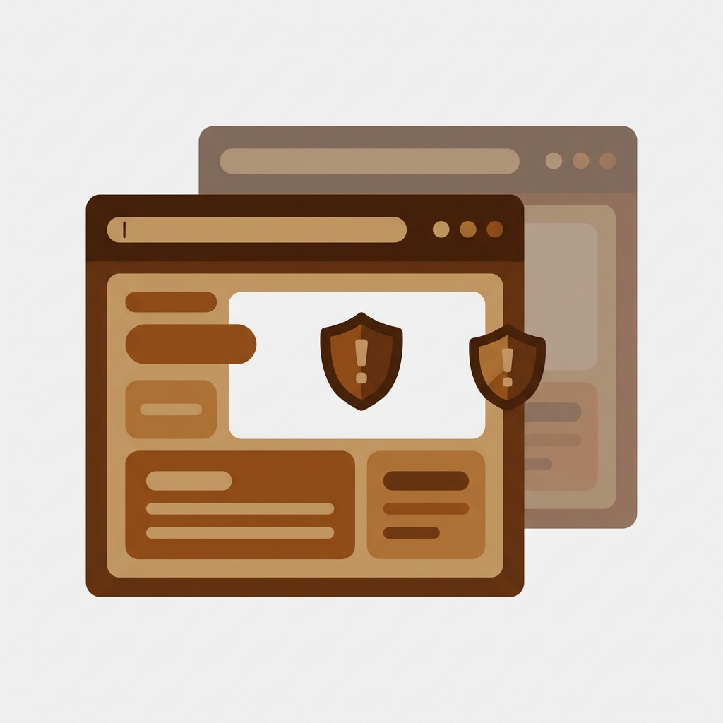 two identical browser window cards side by side, the one behind slightly faded, with a small warning shield between them