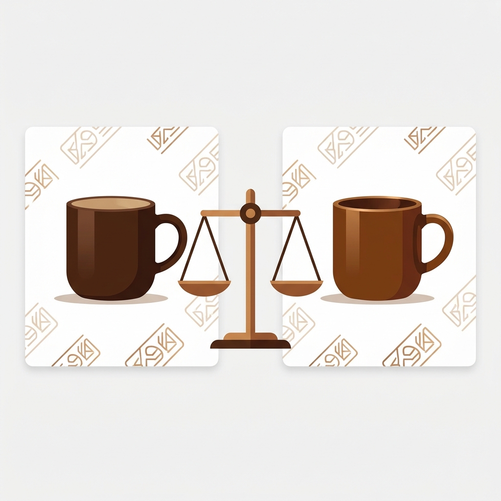 two product photo cards side by side, each showing a simple mug, with a light repeating diagonal watermark stamp pattern laid over both cards, and a small balance scale standing between the two cards