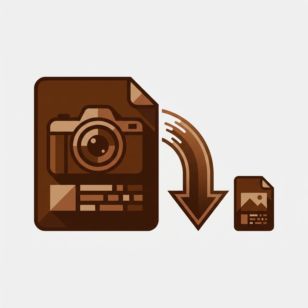 a large product photo file being compressed into a much smaller image file, with a downward arrow showing the size shrinking, representing converting images to a more efficient format