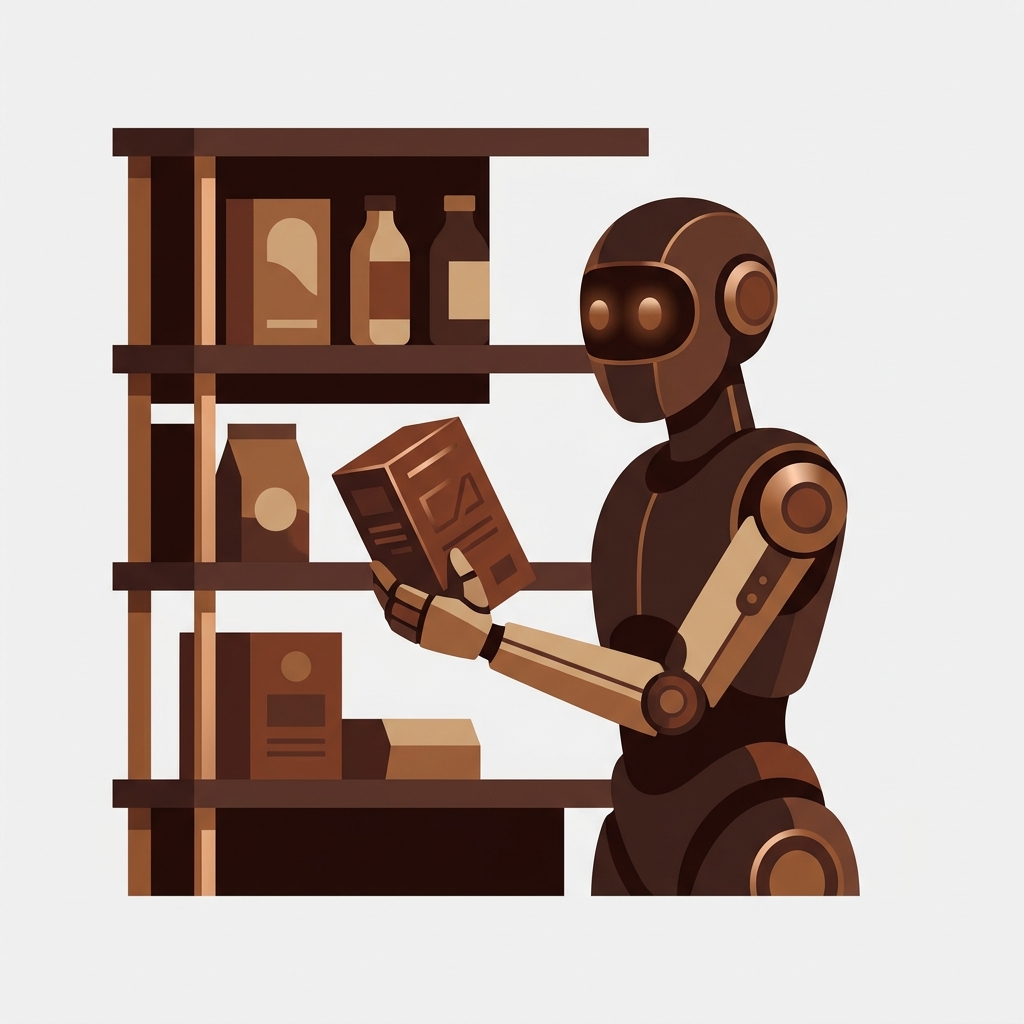 a small robot AI agent standing at a store shelf choosing and holding a product, representing an AI agent shopping on a person's behalf, minimal flat illustration