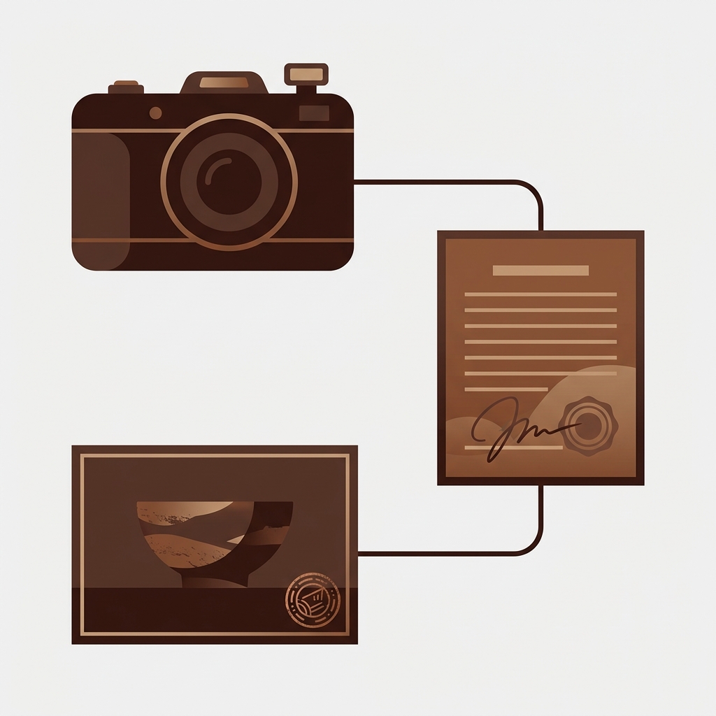 a camera, a signed contract page and a product photo card connected by simple lines, with a small stamp mark on the photo corner