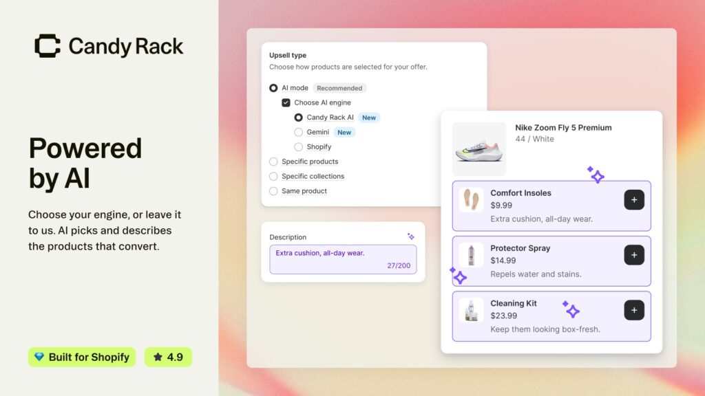 Candy Rack AI mode choosing an AI engine and picking upsell products for a Shopify product