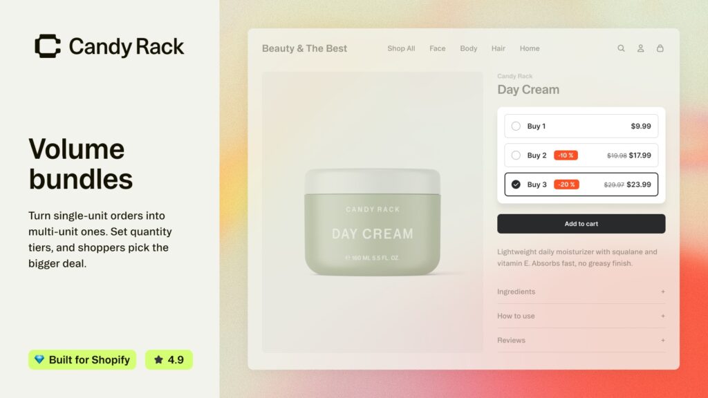 Candy Rack volume bundles showing buy 1, buy 2 and buy 3 quantity tiers on a Shopify product page