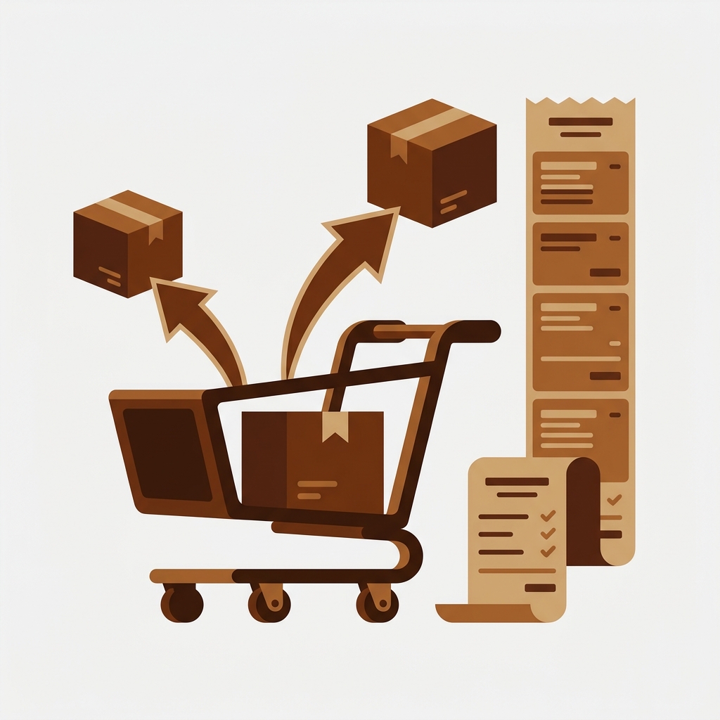 a shopping cart with one product inside and two additional product boxes gliding into it along upward curved arrows, a small receipt beside it growing taller, showing an order getting bigger