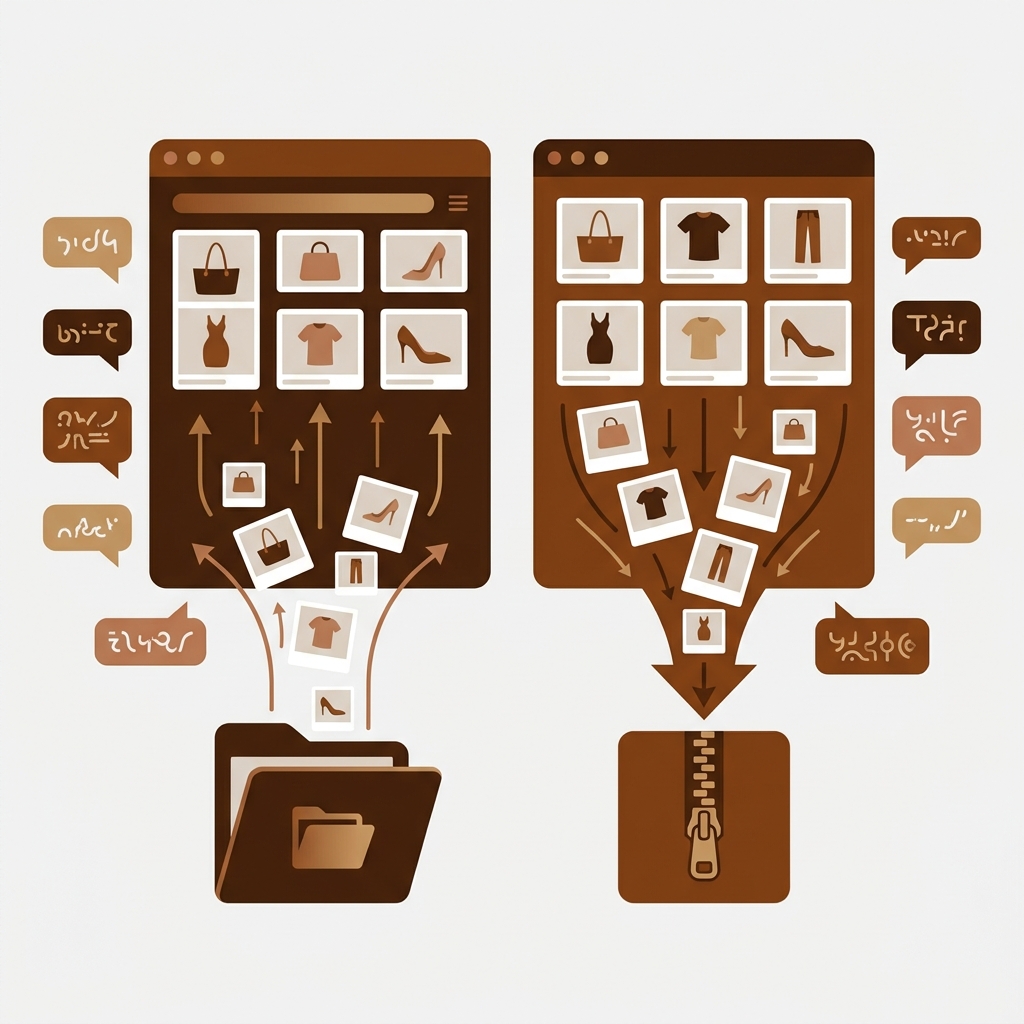Two app windows side by side, one with a folder of product photos flowing up into a product grid and one with product photos flowing down into a zip archive, surrounded by several small speech bubbles each filled with abstract non-readable glyph-like squiggles in different shapes to suggest many different languages