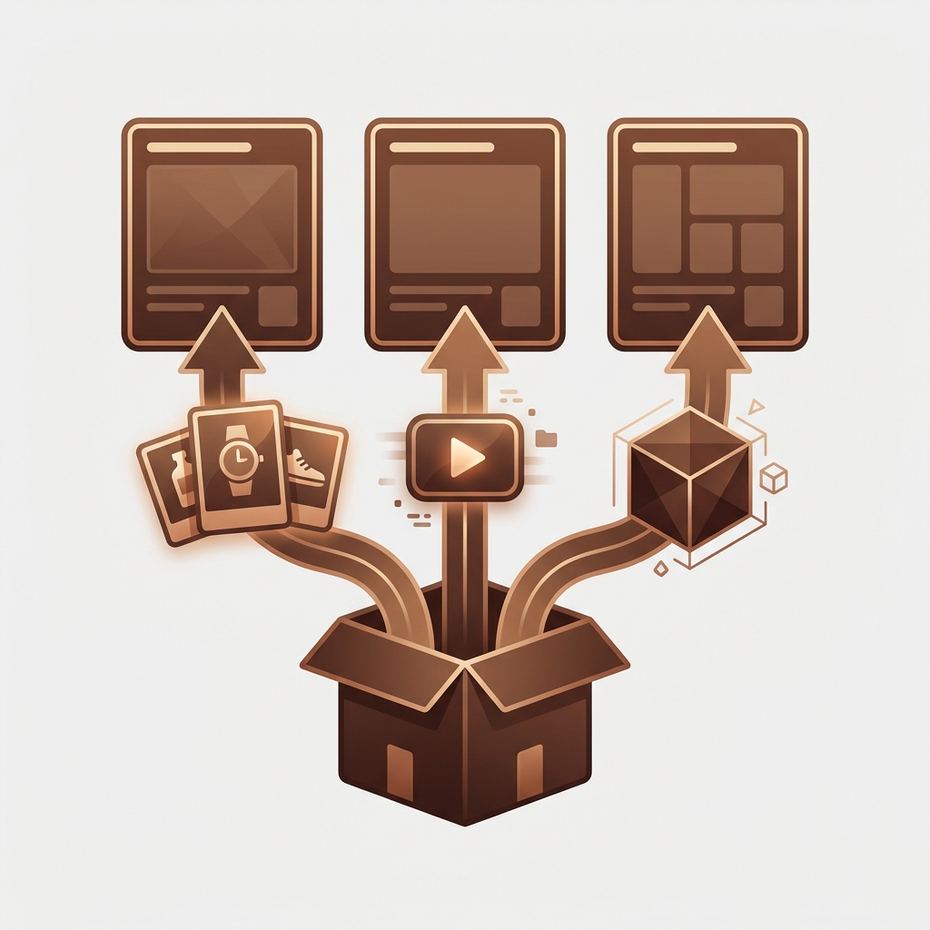 product photos, a small video file and a 3D model cube flowing out of an online store box along arrows into three different marketplace listing cards