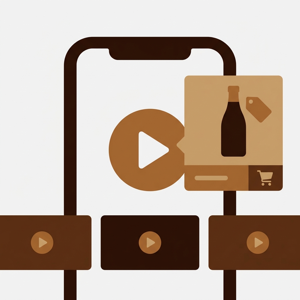 Detailed modern flat illustration, zoomed in and cropped so the composition bleeds off all four edges of the canvas with absolutely no empty margin: a huge vertical smartphone video frame whose top and bottom edges run off the canvas, a round play button in its centre, a product card overlapping its right side showing a bottle silhouette with a price tag shape and a shopping cart icon, and a horizontal carousel row of three video thumbnails with play icons across the bottom that also runs off the left and right edges, dark chocolate brown and warm bronze tones (#5C3317, #8B4513, #A0522D) on a single solid flat very light grey background exactly #f2f2f2 (no gradient, no texture, no shadows), the shapes must touch or cross every edge of the square, zero text zero letters zero numbers zero words zero labels zero captions zero hex codes, clean minimal SaaS aesthetic, square 1:1 format