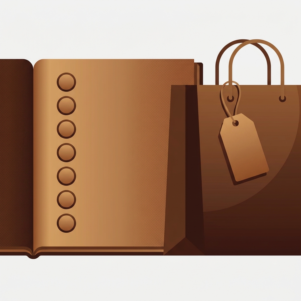 an open printed report booklet lying flat with seven large round checkbox circles down its page, next to a brown shopping bag with a price tag