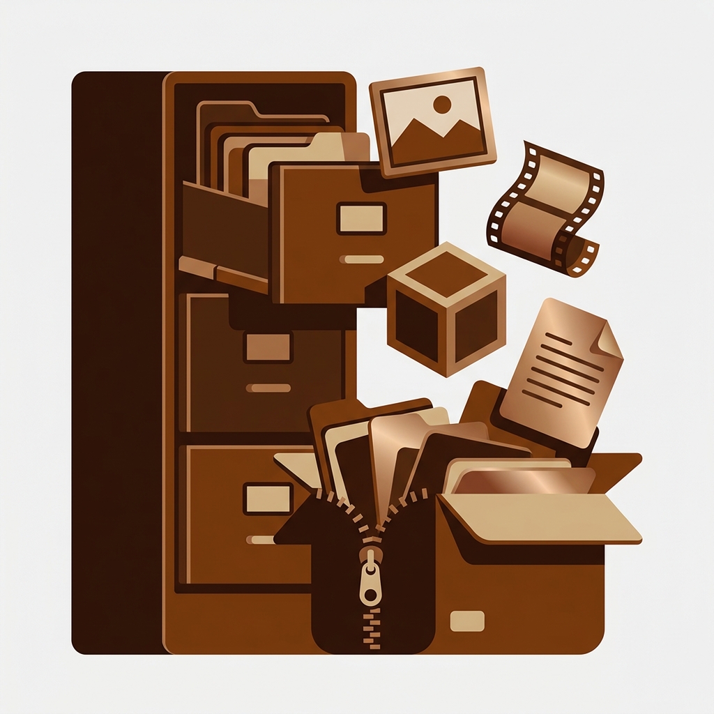 a tall open filing drawer of mixed file icons (a photo, a film strip, a small 3D cube, a document page) all flowing down together into one single zip archive box