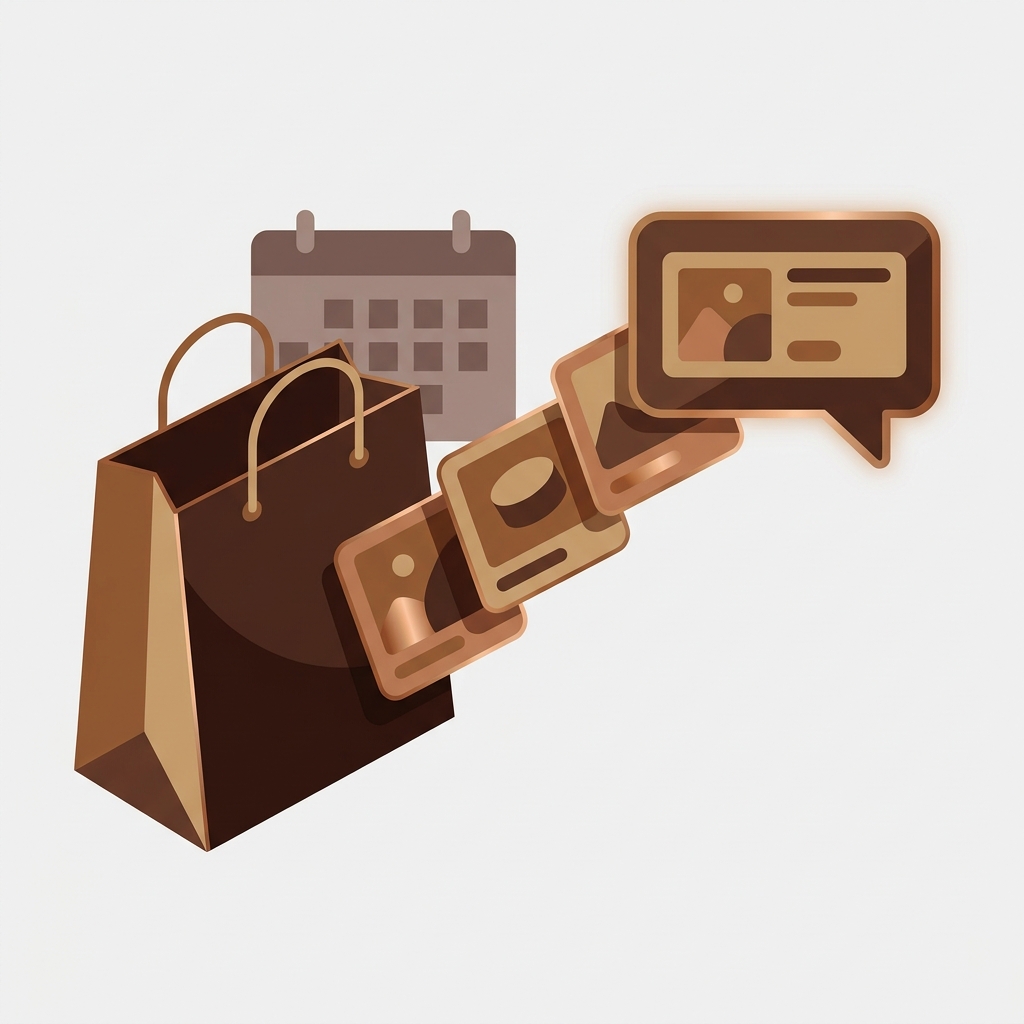 A large shopping bag in warm brown tones on the left, with a few product photo cards flowing out of it toward a simple stylized AI assistant chat bubble on the right that holds a small product card; a small calendar page shape behind the bag. Represents Black Friday shopping moving into AI shopping assistants.